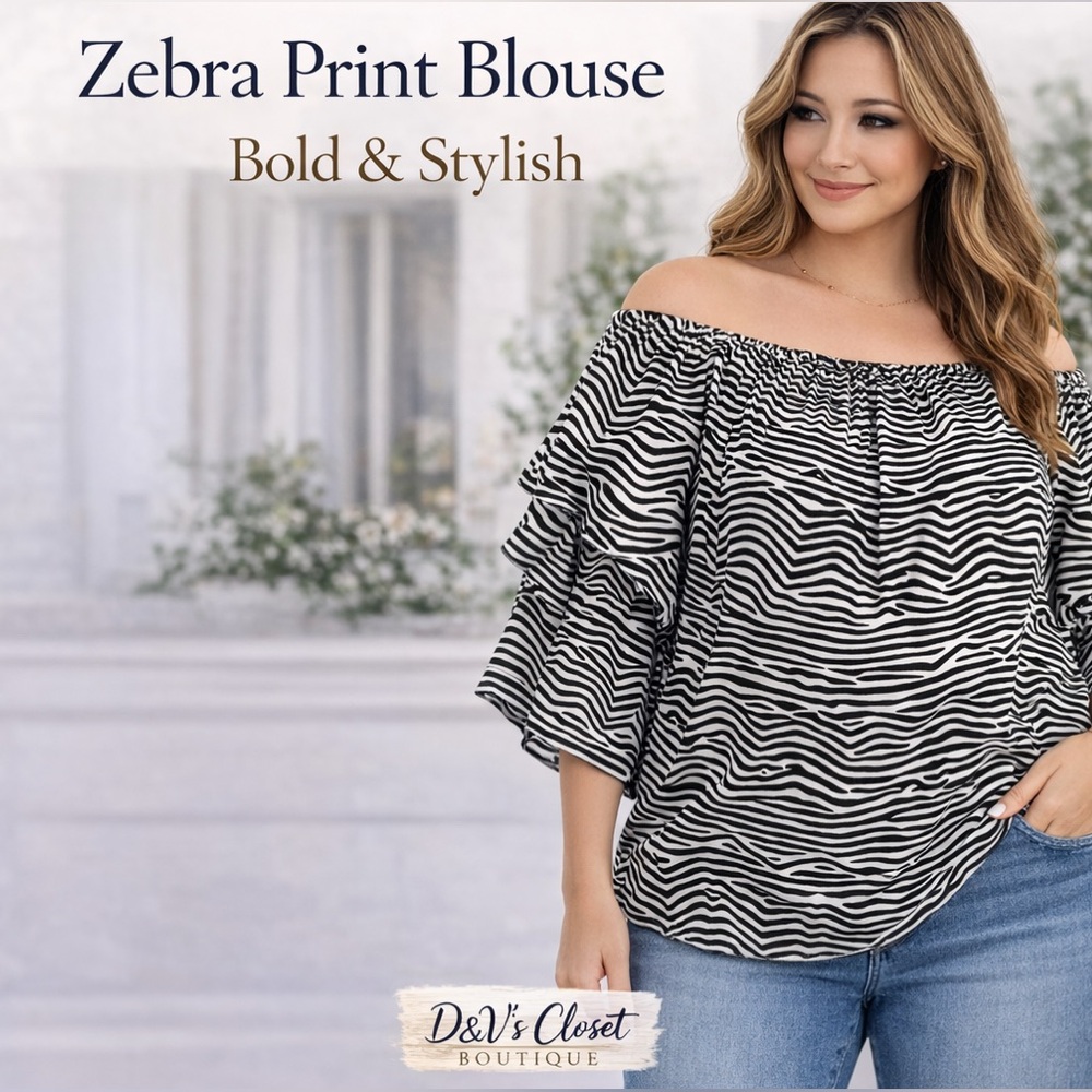 White House Black Market Zebra Print Off Shoulder Blouse XL Flowy Chic Top